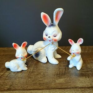 Kitchy Vintage Charming Ceramic Bunny Trio Tied Together